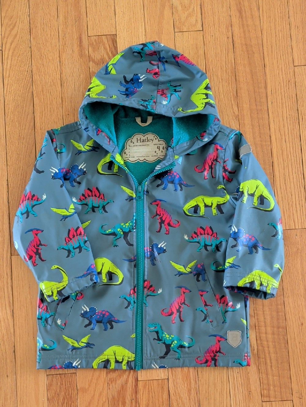 Hatley Kids' Dinosaur Hooded Rain Jacket - Teal with Neon Dino Print